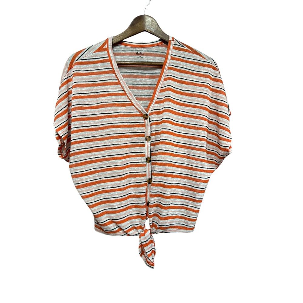 ANA Striped V Neck Button Front Tie Waist Dolman Sleeve Top Women's Medium